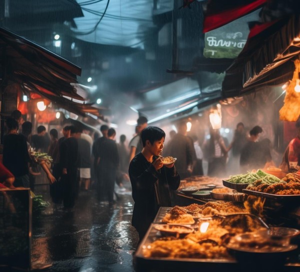 雨夜的夜市，味蕾的狂欢与沉思